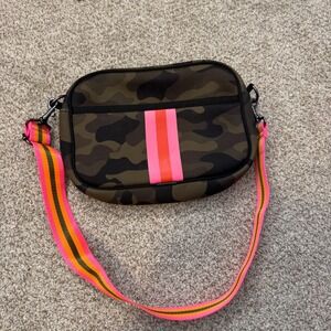 Haute Shore Drew Camo Neoprene Crossbody Bag Green Pink Orange Stripe